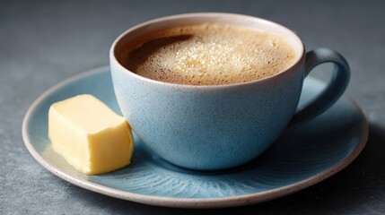Blue ceramic cup of coffee on a blue saucer. the cup is filled with a dark brown liquid, which appears to be a latte or cappuccino. on the saucer, there is a small block of butter.