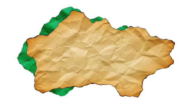 Old crumpled paper with green border isolated on transparent background