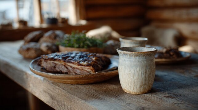 Rustic feast of smoked meat and pottery cups, echoing ancient Slavic traditions and Maslenitsa festivity warmth