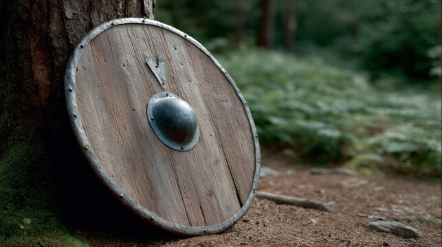 Ancient wooden shield rests against forest tree, echoing legends of Ragnarok and Norse heritage, celebrating Viking Fest