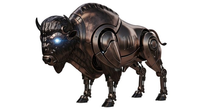 Steampunk mechanical bison sculpture with glowing eyes isolated on white background