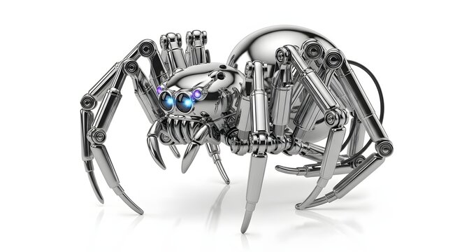 Detailed mechanical spider robot with intricate metal legs isolated on white background