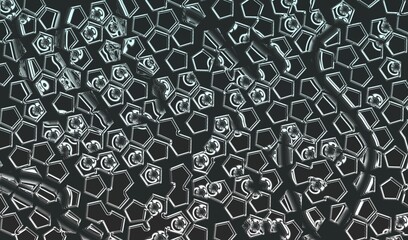 Abstract geometric pattern: shimmering pentagonal shapes with reflective surfaces creating a modern, futuristic backdrop