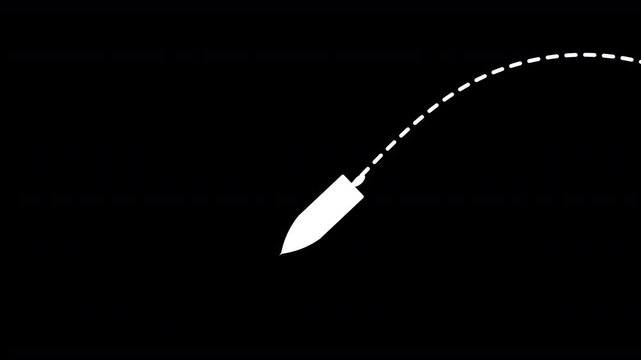 speedboat with dotted path to the left animation on black background. 4k video dashed line path route animation