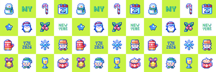 Pixel Art Holiday Checkered Pattern with Snowmen, Mittens, Deer, Candy Canes and Retro 8 bit Winter Icons. Seamless New Year Winter Pixel Pattern.
