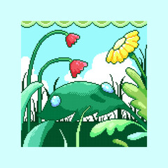 Pixel Art Floral Meadow Close Up Background with Dew Drops, Leaves, Flowers, Garden Nature Scene in 8 bit Retro Style Decorative Illustration