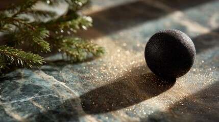Glitter-dusted obsidian orb on emerald marble, echoing Winter Solstice magic, Yule whispers, and cosmic harmony celebrations