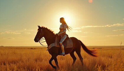 Silhouette of young woman in medieval knight armor rides horse across golden sunset fields. Warrior travels towards setting sun, embodying strength, bravery against dramatic sky. Image evokes tales
