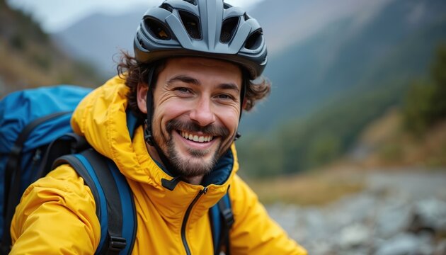 Smiling man with backpack wears helmet, yellow jacket outdoors. Happy cyclist enjoys sport on mountains. Tourist explores nature landscape. Travel blogger shoots content. Hiker smiles during active