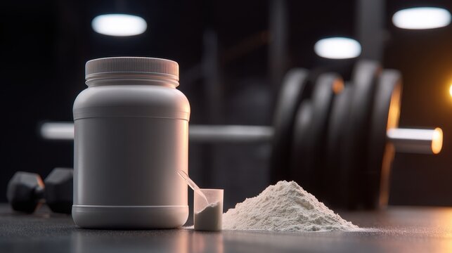 White Supplement Tub and Powder Pile Beside Dumbbells in Gym Lighting.
