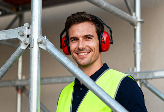 Smiling construction worker wearing ear defenders and a safety vest. Portrait of a happy builder on a job site with scaffolding