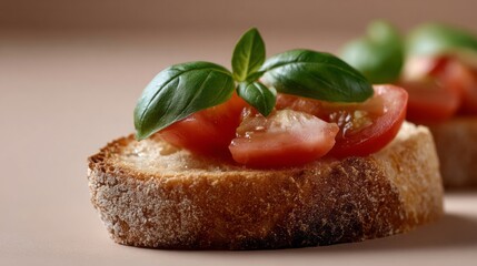 Rustic bruschetta with basil sprouts, sunlit tomatoes invoke Italian Ferragosto, harvest feast, savoring midsummer's vibrant bounty