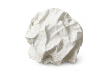 Crumpled lined paper ball representing error, mistake, new ideas, or problem-solving, isolated with transparent background