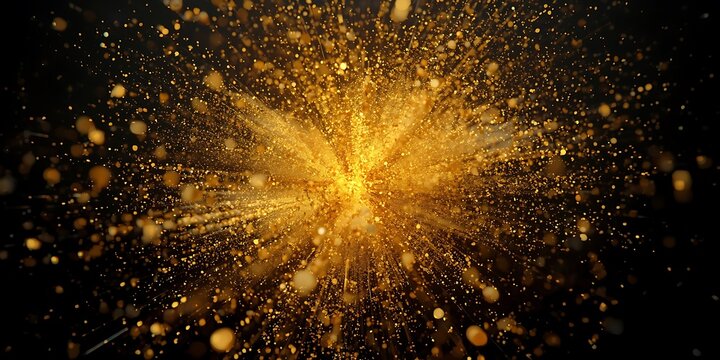 Golden explosion with glittering particles spreading outwards on dark backdrop with bokeh effect and abstract glowing light in middle of burst