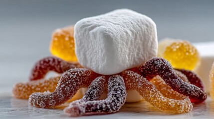 Playful marshmallow octopus, candy tentacles in sugar sea, evokes whimsical maritime fantasy, ideal for International Talk Like a Pirate Day