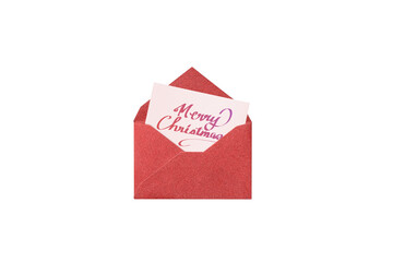 Pink handwritten Christmas card from a red glitter envelope, overhead view	