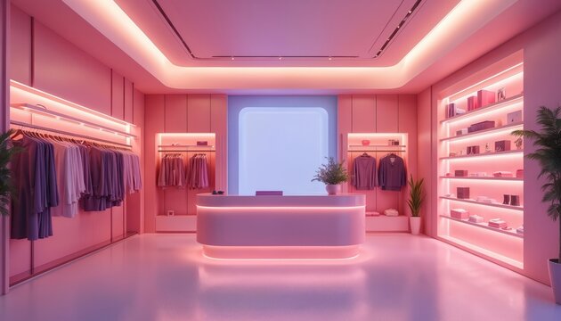 Pink themed store with clothes on racks. Illuminated shelves showcase goods. Modern design concept for chic retail boutique interior. Magenta lighting adds a glamourous touch to a sophisticated space.