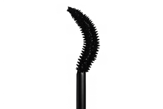 Mascara wand with black bristles separating and lengthening eyelashes, essential beauty tool on transparent background