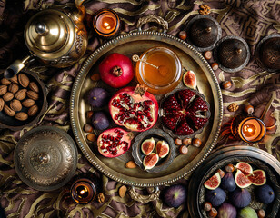 Oriental Still Life with Pomegranates, Figs, Honey and Brass Tea Set on Decorative Fabric
