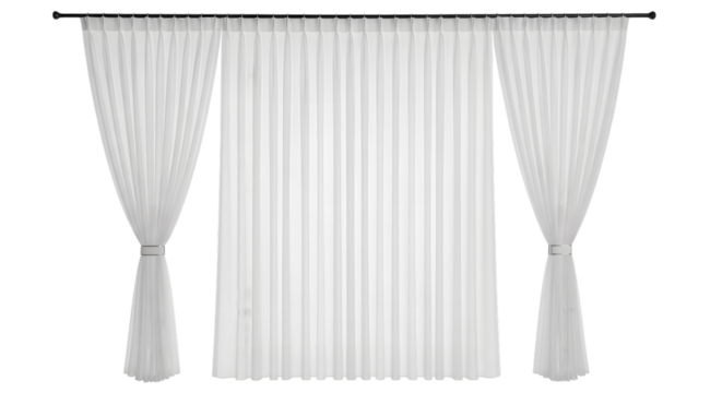 White sheer pleated curtains with silver tie-backs on a rod isolated on a transparent background fabric