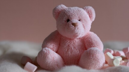 Fluffy pink teddy amidst pastel marshmallow clouds, evoking childhood nostalgia, whimsical National Teddy Bear Day serenity, hygge celebration
