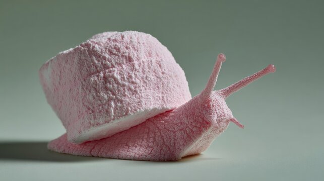Pink marshmallow snail creeps in surreal dessertscape, evoking Dreamlike Delights Day, culinary whimsy, and enchanted realms