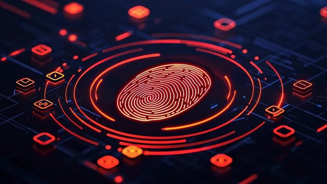 A digital fingerprint design with glowing red accents.