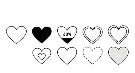 Assorted heart outline icons: row of black, white, and decorative heart doodles


