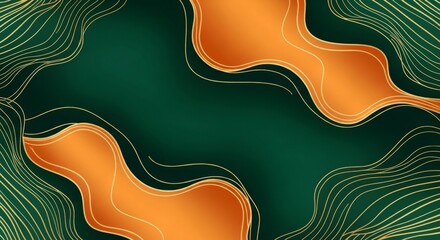 Elegant wavy golden lines and fluid orange shapes on dark green background