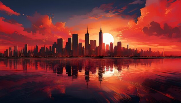 crimson dusk cityscape a striking cityscape silhouetted against a fiery sky reflects in the tranquil water presenting an artistic vision of urban splendor at twilight - Powered by Adobe