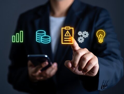 Businessman using smartphone with neon icons representing business growth