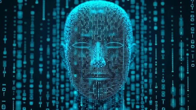 A digital human head composed of glowing binary code. - Powered by Adobe
