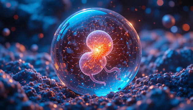 Two glowing cellular entities float inside a transparent sphere surrounded by neural filaments&mdash;symbolizing biological complexity, embryonic energy, and futuristic scientific visualization.