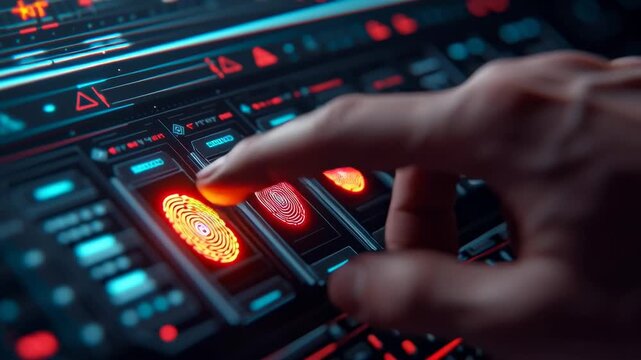 A finger interacting with a digital fingerprint scanner interface.