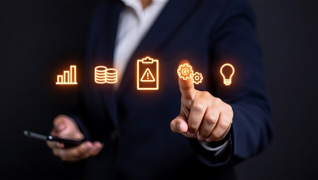 Businesswoman touching digital icons of growth and management