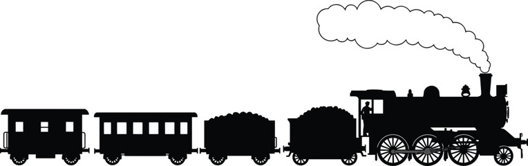 Vintage steam locomotive silhouette, historical train illustration, coal cargo transport, retro railway engine, classic transportation icon, industrial travel vector art © Aiub