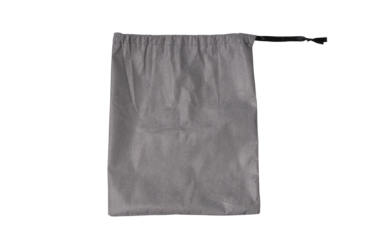 A grey eco-friendly fabric drawstring bag, isolated on a transparent PNG. Ideal for concepts related to sustainability, fitness, travel, and branding mockups.