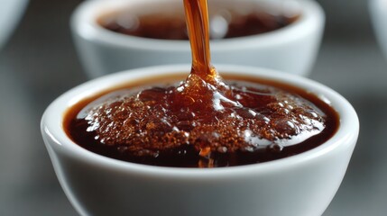 Two white bowls filled with a dark brown sauce. the sauce appears to be thick and has a glossy texture.