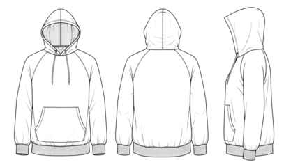Fashion flat sketch of a hoodie, front, back, and side view, isolated on transparent background