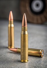 Close up view of three metallic rifle cartridges on a gray surface