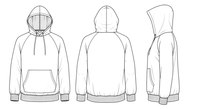 Fashion flat sketch of a hoodie, front, back, and side view, isolated on transparent background