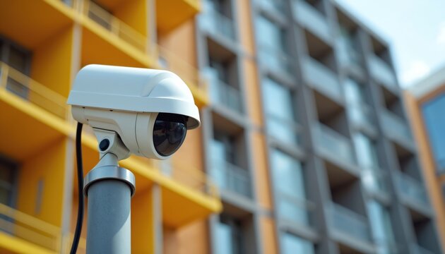 Security camera monitors modern building site. CCTV system ensures protection, access control, crime prevention. Surveillance tech aids monitoring in urban areas. Electronic equipment on apartment