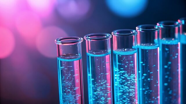 Illuminated test tubes filled with vibrant blue liquid science and research