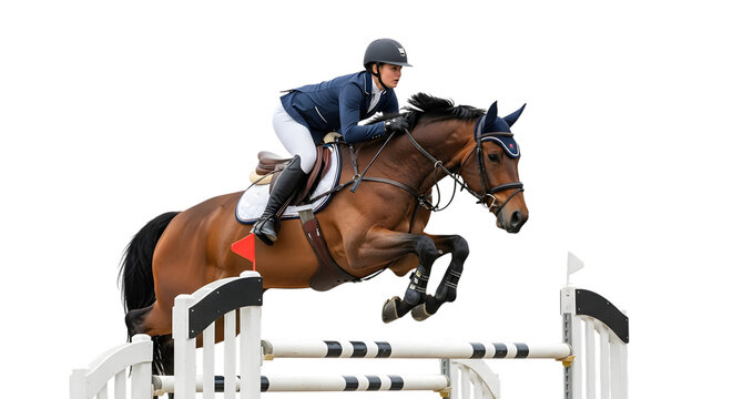 Woman rider in navy jacket and white breeches jumping a horse over a hurdle isolated on a transparent background