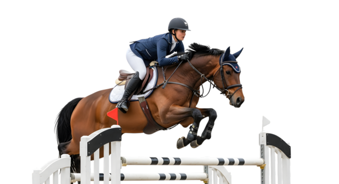 Woman rider in navy jacket and white breeches jumping a horse over a hurdle isolated on a transparent background