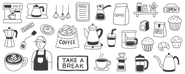 Hand-drawn coffee shop set with barista, coffee makers, beans, cups, desserts, menu, and accessories. Perfect for café branding, stickers, menus, and cozy illustrations.