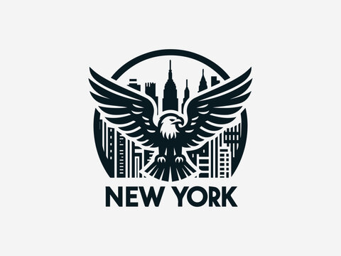 Powerful eagle soaring above detailed New York city skyline in clean bold black vector logo design