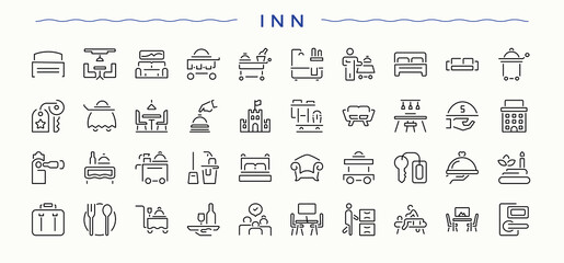 Inn icon set. Hotel outline symbol collection. Minimalist vector collections. Hostel icon set. Editable stroke vector art.