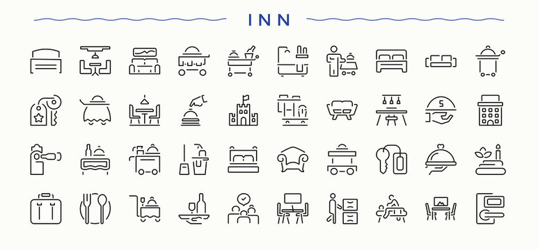 Inn icon set. Hotel outline symbol collection. Minimalist vector collections. Hostel icon set. Editable stroke vector art.