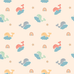 Whale sleep on the cloud colorful cartoon so cute. On rainbow star background. Pattern seamless vector illustration. 